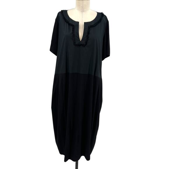 Marina Rinaldi Sport Dress Short Sleeve Fringe Neck Jersey Black Size L 16‎ 18 - Picture 1 of 15